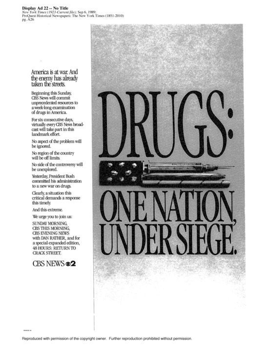 Advertisement for CBS Special on drugs